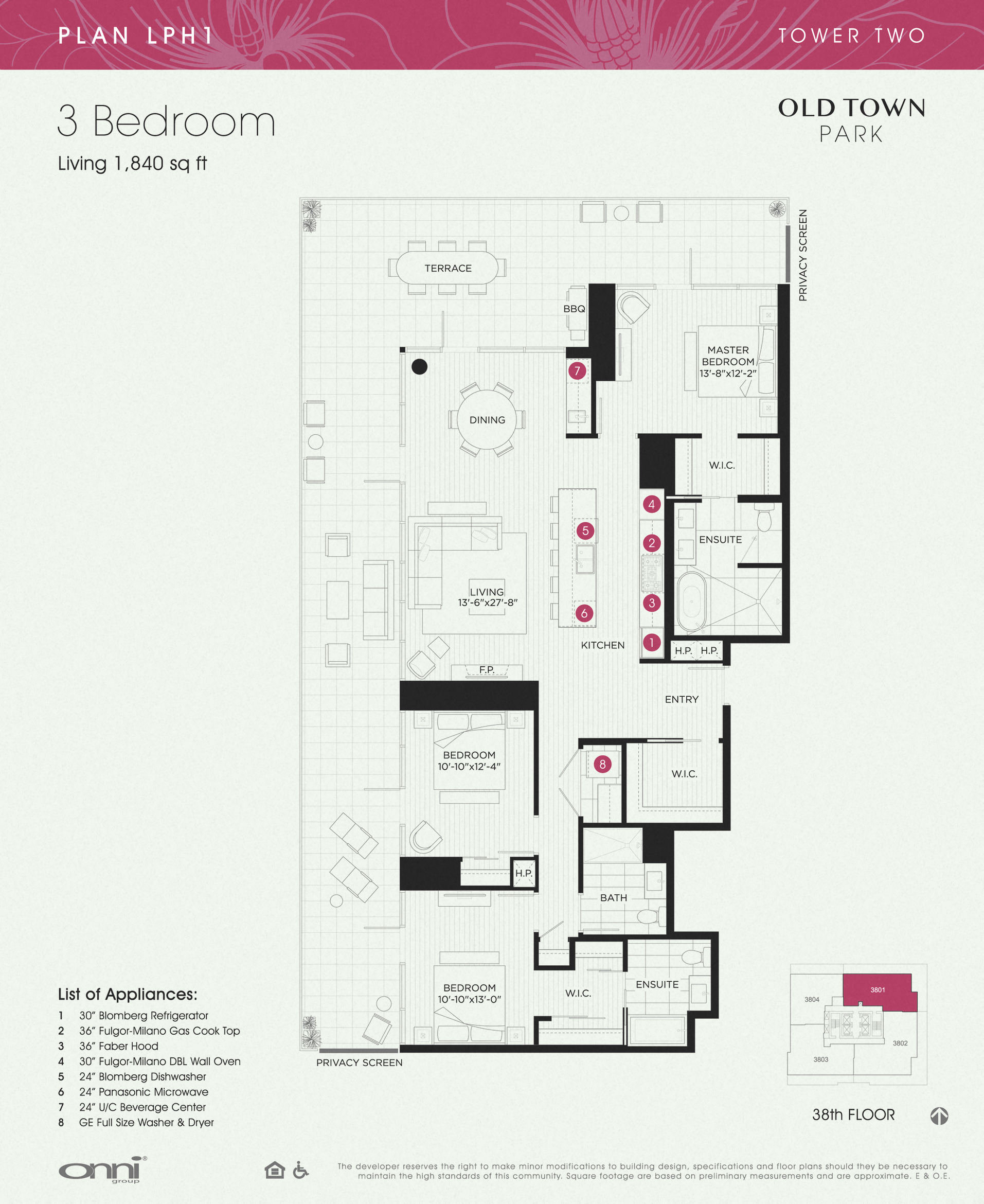 Floor plan for 3 beds, 3 baths, 1840 sqft